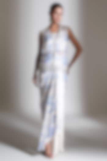 Blue & White Modal Satin Draped Skirt Set by Tanu Malhotra at Pernia's Pop Up Shop