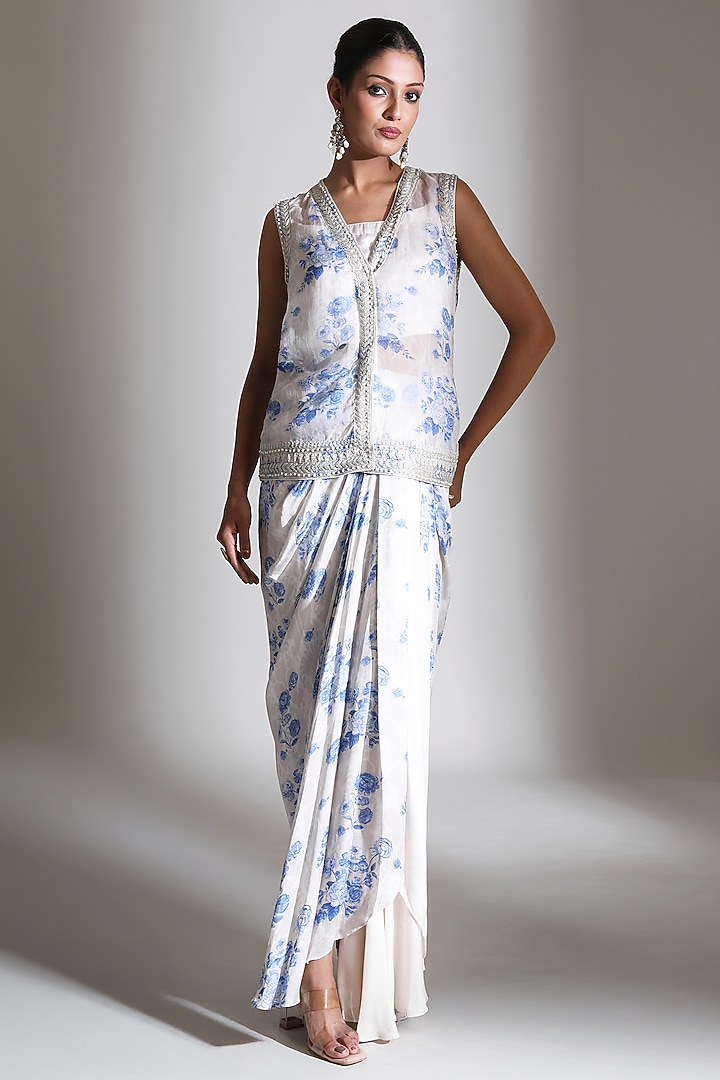 Blue & White Modal Satin Draped Skirt Set by Tanu Malhotra at Pernia's Pop Up Shop