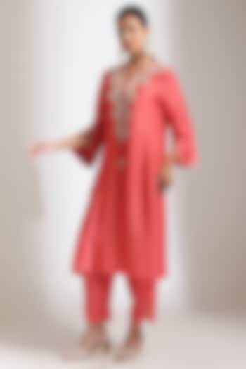 Rust Cotton Silk Embroidered Kurta Set by Tanu Malhotra at Pernia's Pop Up Shop