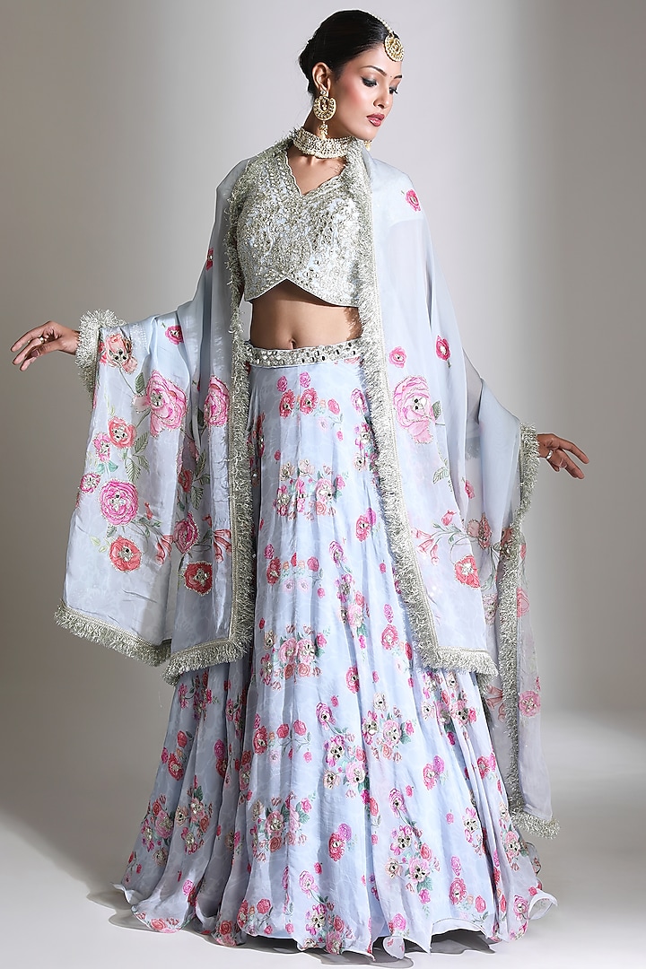 Blue Organza Floral Digital Printed Wedding Lehenga Set by Tanu Malhotra at Pernia's Pop Up Shop