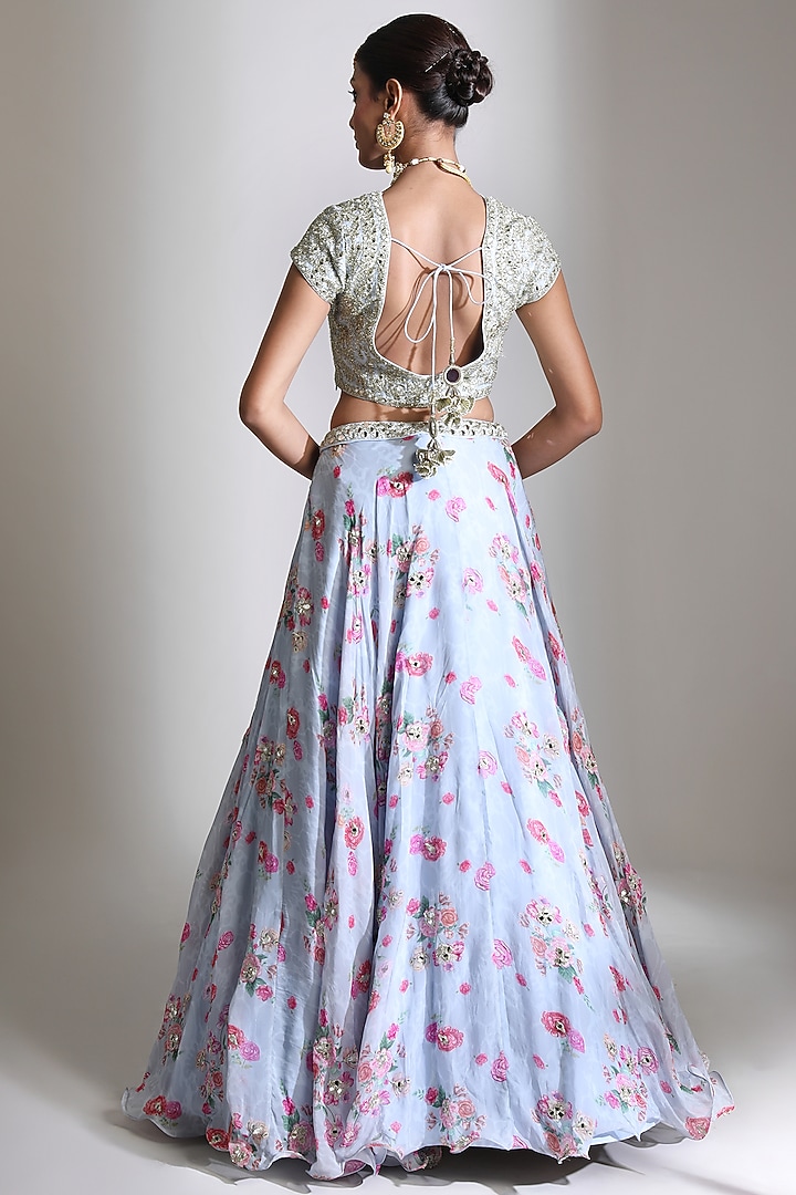 Blue Organza Floral Digital Printed Wedding Lehenga Set by Tanu Malhotra at Pernia's Pop Up Shop