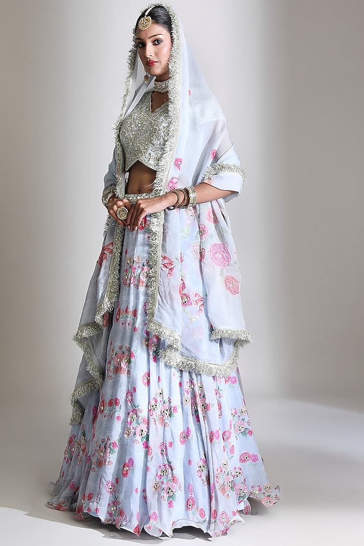Blue Organza Floral Digital Printed Wedding Lehenga Set by Tanu Malhotra at Pernia's Pop Up Shop