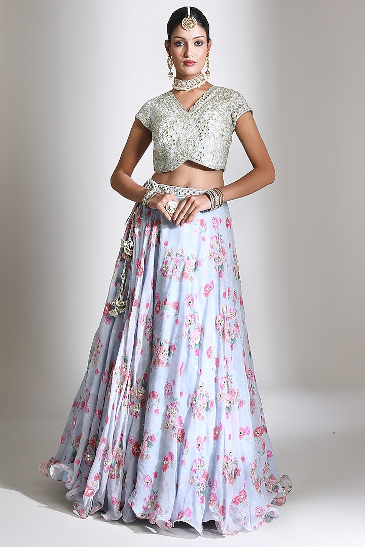 Blue Organza Floral Digital Printed Wedding Lehenga Set by Tanu Malhotra at Pernia's Pop Up Shop