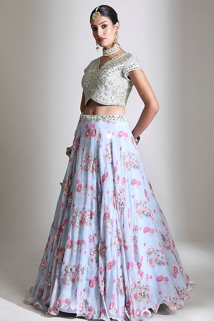 Blue Organza Floral Digital Printed Wedding Lehenga Set by Tanu Malhotra at Pernia's Pop Up Shop