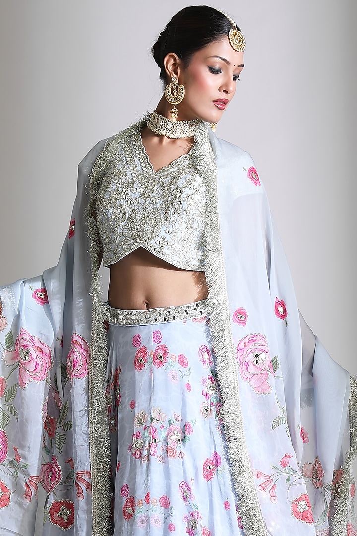 Blue Organza Floral Digital Printed Wedding Lehenga Set by Tanu Malhotra at Pernia's Pop Up Shop