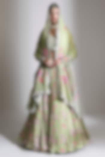 Green Organza Floral Digital Printed Wedding Lehenga Set by Tanu Malhotra at Pernia's Pop Up Shop