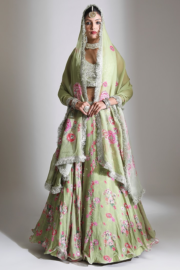 Green Organza Floral Digital Printed Wedding Lehenga Set by Tanu Malhotra at Pernia's Pop Up Shop