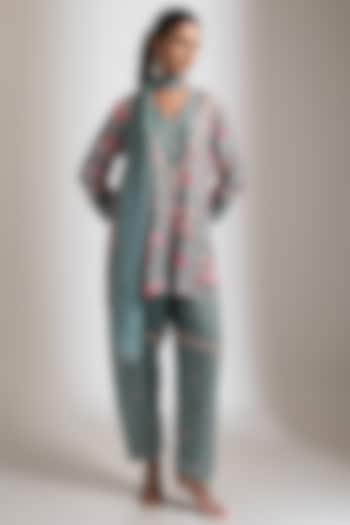 Teal Cotton Silk Floral Embroidered Kurta Set by Tanu Malhotra at Pernia's Pop Up Shop