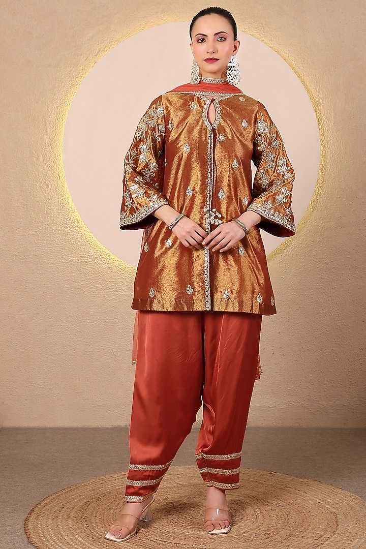 Rust Tissue Mirror Embroidered Angrakha Kurta Set by Tanu Malhotra at Pernia's Pop Up Shop