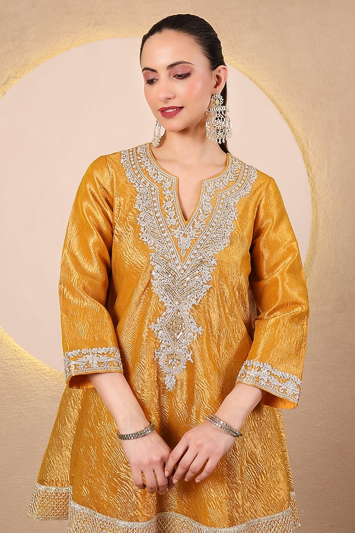 Mustard Yellow Crushed Tissue Embroidered Flared kurta Set by Tanu Malhotra at Pernia's Pop Up Shop