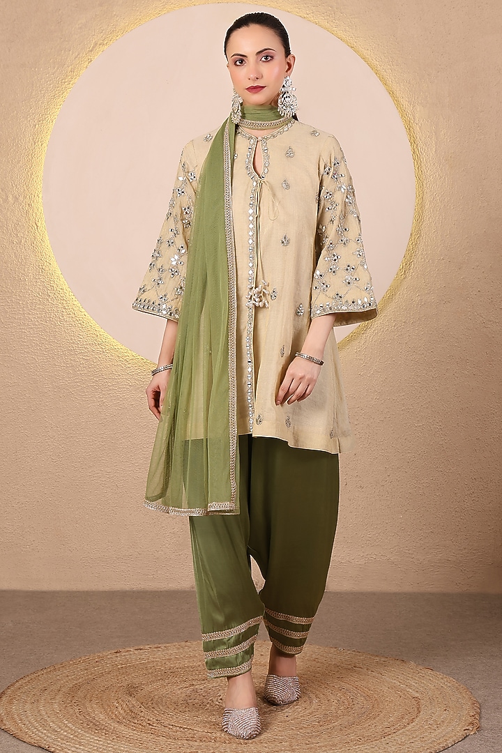 Golden Chanderi Mirror Embroidered Angrakha Kurta Set by Tanu Malhotra at Pernia's Pop Up Shop