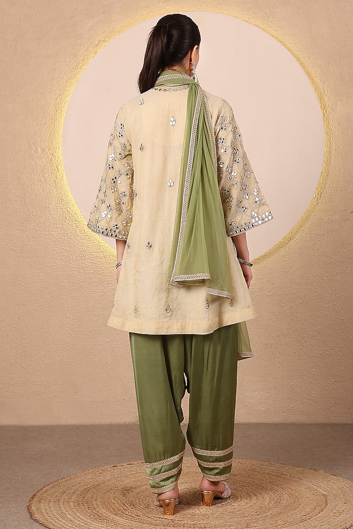 Golden Chanderi Mirror Embroidered Angrakha Kurta Set by Tanu Malhotra at Pernia's Pop Up Shop