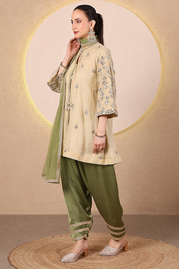 Golden Chanderi Mirror Embroidered Angrakha Kurta Set by Tanu Malhotra at Pernia's Pop Up Shop