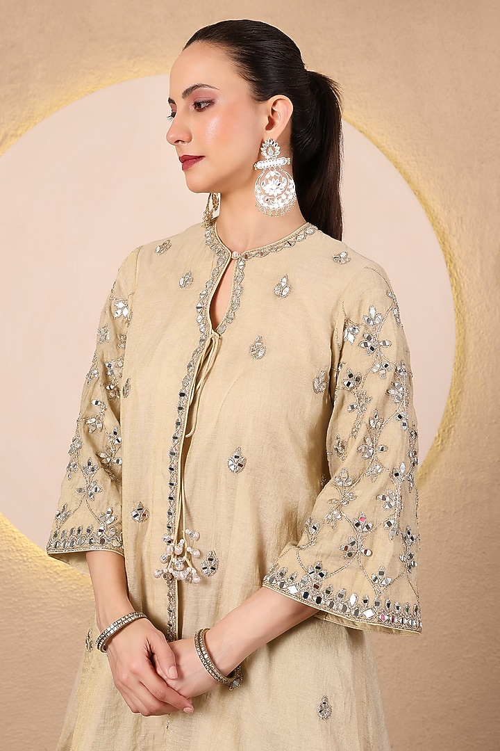 Golden Chanderi Mirror Embroidered Angrakha Kurta Set by Tanu Malhotra at Pernia's Pop Up Shop
