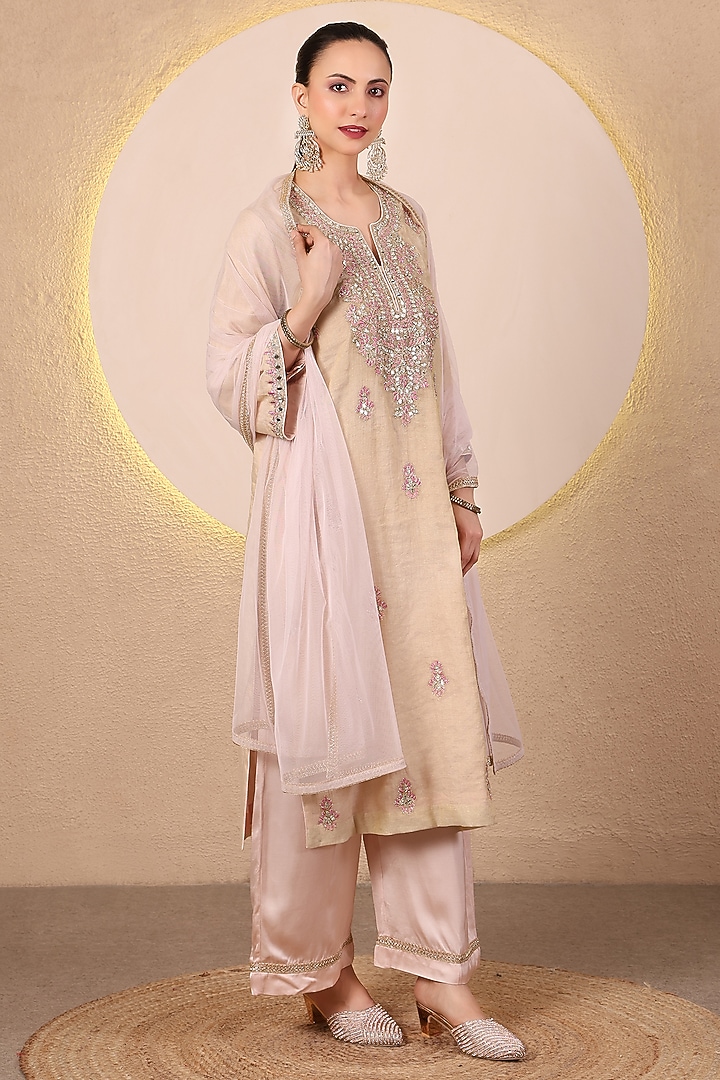 Golden Chanderi Mirror Embroidered Angrakha Kurta Set by Tanu Malhotra at Pernia's Pop Up Shop
