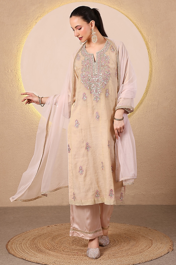 Golden Chanderi Mirror Embroidered Angrakha Kurta Set by Tanu Malhotra at Pernia's Pop Up Shop