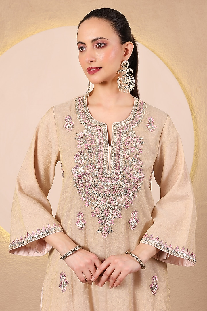 Golden Chanderi Mirror Embroidered Angrakha Kurta Set by Tanu Malhotra at Pernia's Pop Up Shop