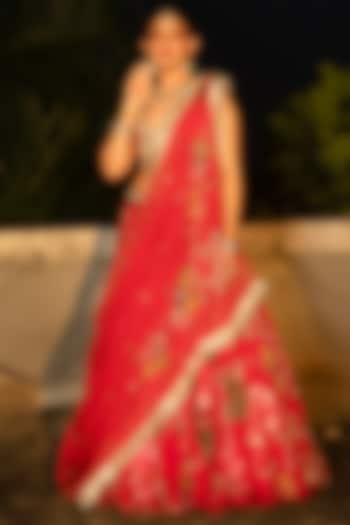 Red Organza Floral Printed Wedding Lehenga Set by Tanu Malhotra at Pernia's Pop Up Shop