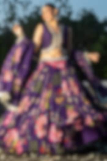 Purple Organza Floral Printed Wedding Lehenga Set by Tanu Malhotra at Pernia's Pop Up Shop