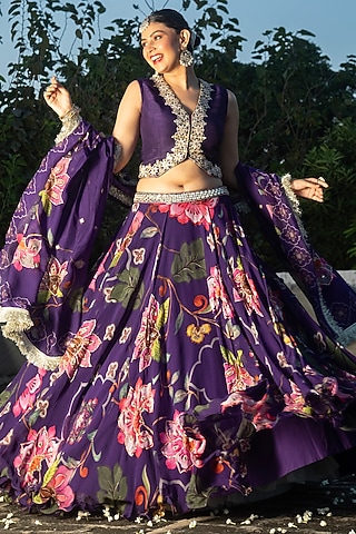 Purple Organza Floral Printed Lehenga Set by Tanu Malhotra