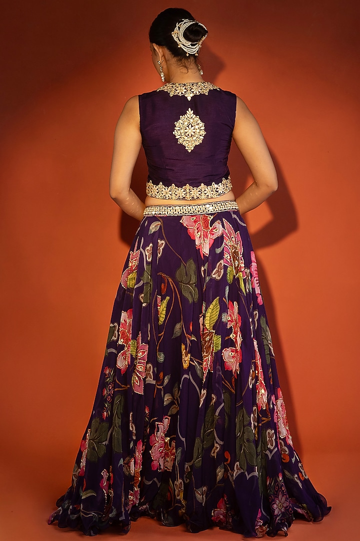 Purple Organza Floral Printed Wedding Lehenga Set by Tanu Malhotra at Pernia's Pop Up Shop
