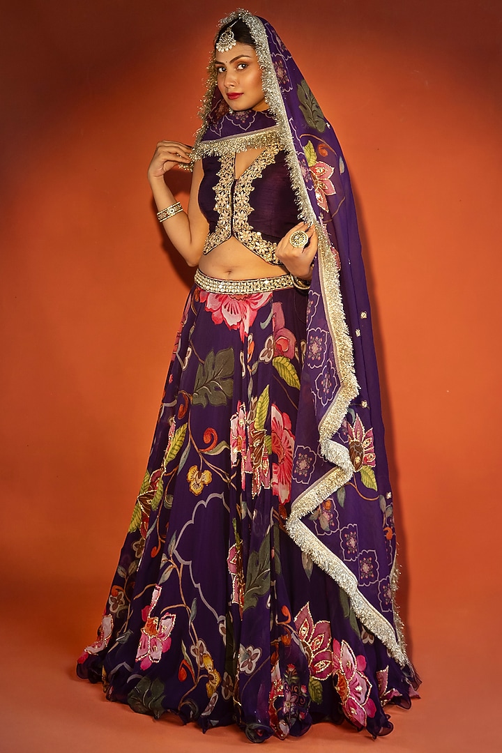 Purple Organza Floral Printed Wedding Lehenga Set by Tanu Malhotra at Pernia's Pop Up Shop
