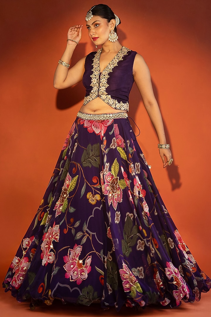 Purple Organza Floral Printed Wedding Lehenga Set by Tanu Malhotra at Pernia's Pop Up Shop