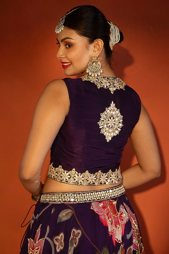 Purple Organza Floral Printed Wedding Lehenga Set by Tanu Malhotra at Pernia's Pop Up Shop
