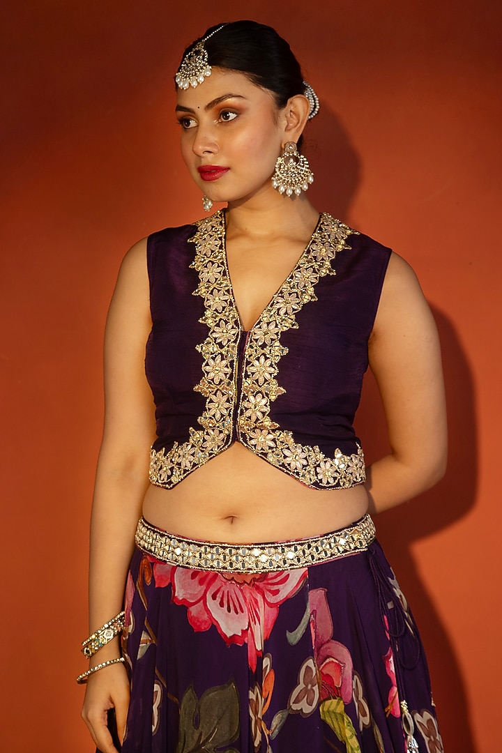 Purple Organza Floral Printed Wedding Lehenga Set by Tanu Malhotra at Pernia's Pop Up Shop