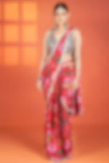 Red Crepe Floral Printed Draped Party Wear Saree Set by Tanu Malhotra at Pernia's Pop Up Shop
