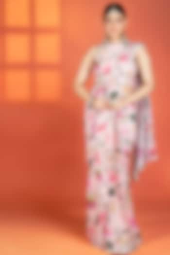 Pink Crepe Floral Printed Draped Party Wear Saree Set by Tanu Malhotra at Pernia's Pop Up Shop