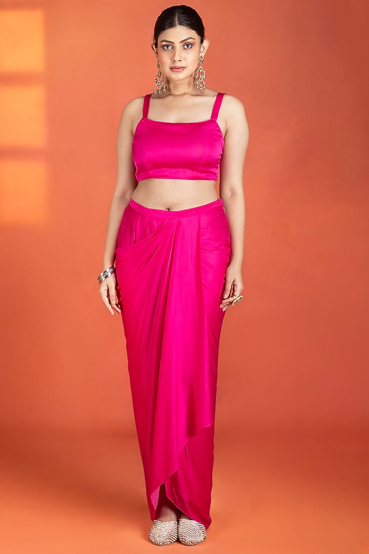 Fuchsia Modal Satin Draped Skirt Set by Tanu Malhotra at Pernia's Pop Up Shop