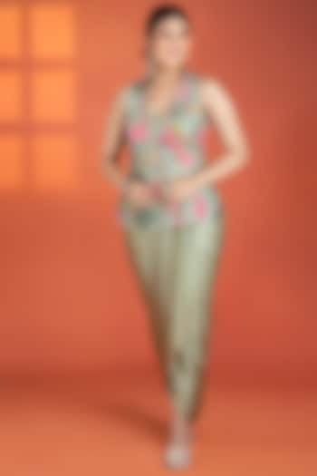 Green Modal Satin Draped Skirt Set by Tanu Malhotra at Pernia's Pop Up Shop