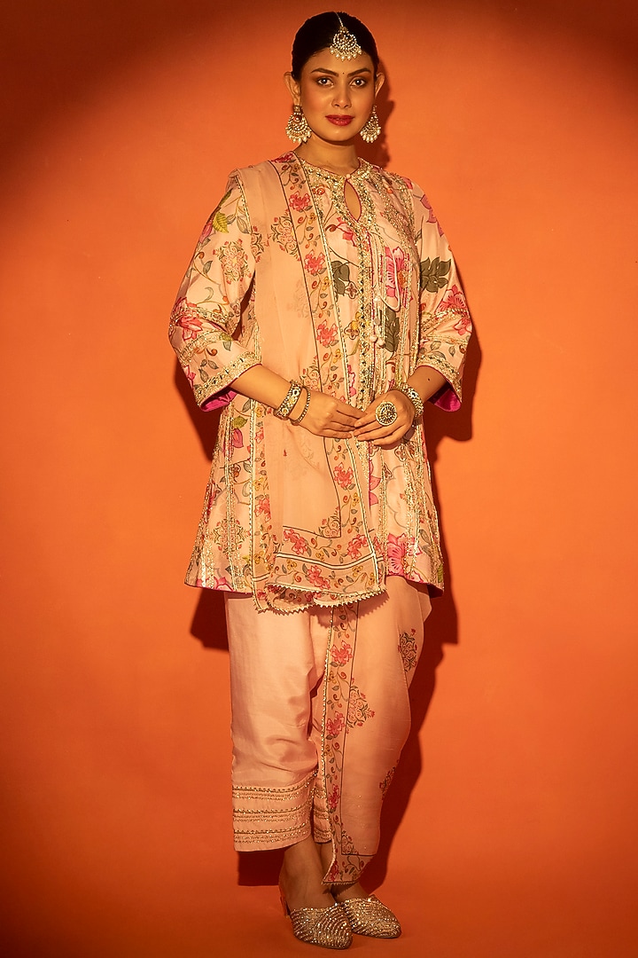Pink Cotton Silk Floral Printed Angrakha Set by Tanu Malhotra at Pernia's Pop Up Shop