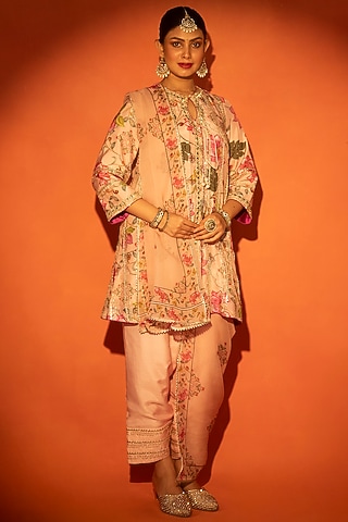 Pink Cotton Silk Floral Printed Angrakha Set by Tanu Malhotra