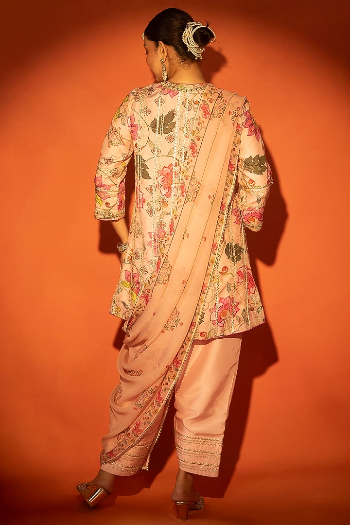 Pink Cotton Silk Floral Printed Angrakha Set by Tanu Malhotra at Pernia's Pop Up Shop