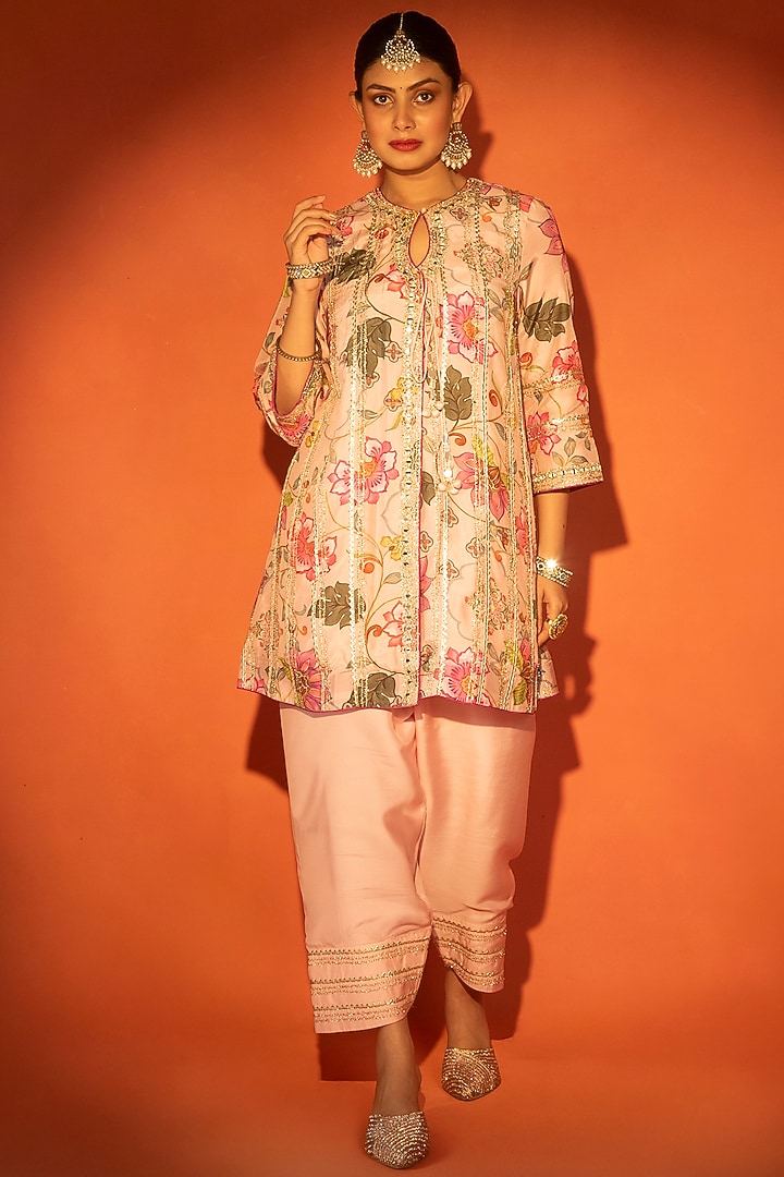 Pink Cotton Silk Floral Printed Angrakha Set by Tanu Malhotra at Pernia's Pop Up Shop