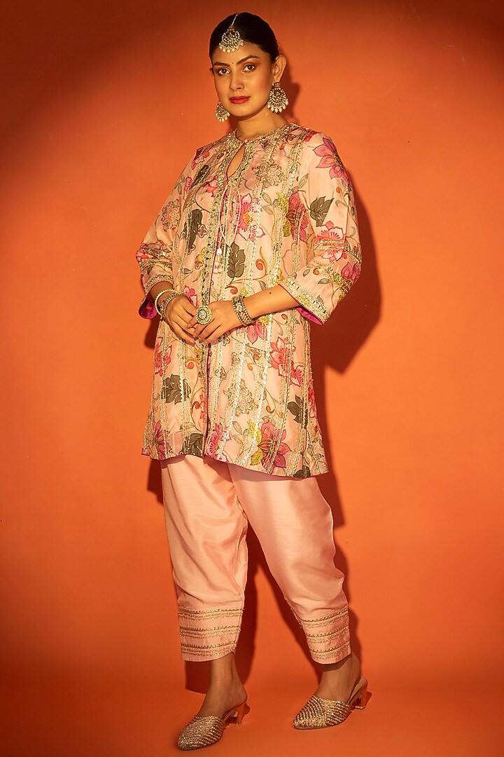 Pink Cotton Silk Floral Printed Angrakha Set by Tanu Malhotra at Pernia's Pop Up Shop