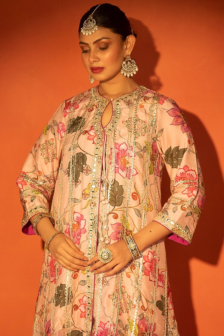 Pink Cotton Silk Floral Printed Angrakha Set by Tanu Malhotra at Pernia's Pop Up Shop