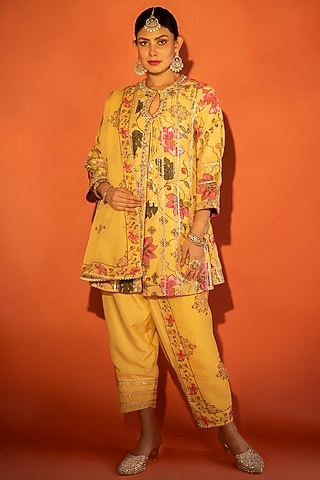 Yellow Cotton Silk Floral Printed Angrakha Set by Tanu Malhotra