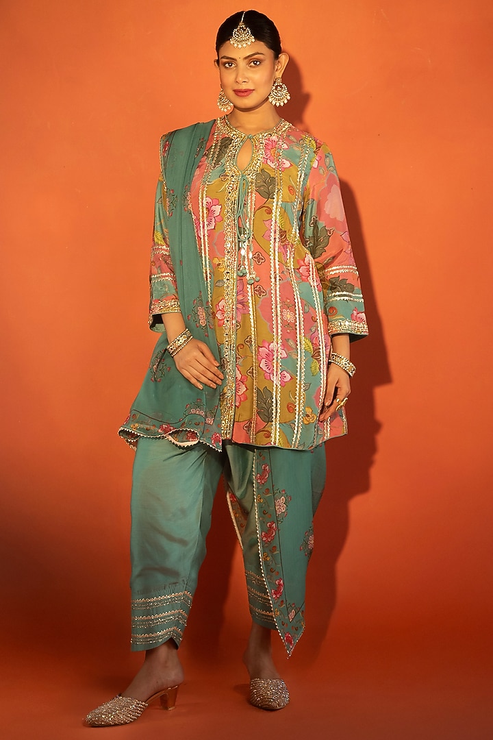 Multi-Colored Cotton Silk Floral Printed Angrakha Set by Tanu Malhotra at Pernia's Pop Up Shop