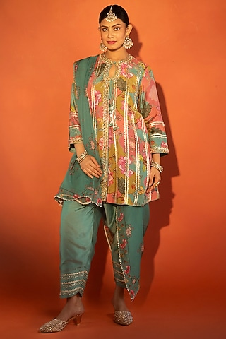 Multi-Colored Cotton Silk Floral Printed Angrakha Set by Tanu Malhotra