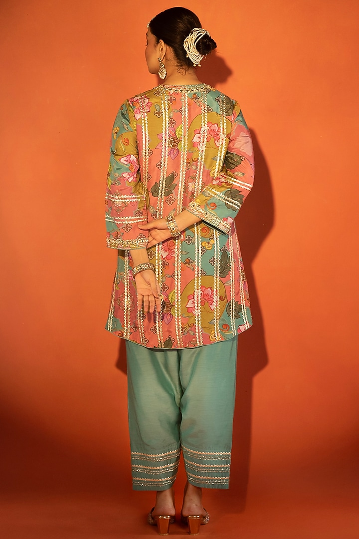 Multi-Colored Cotton Silk Floral Printed Angrakha Set by Tanu Malhotra at Pernia's Pop Up Shop