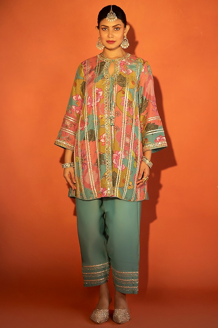 Multi-Colored Cotton Silk Floral Printed Angrakha Set by Tanu Malhotra at Pernia's Pop Up Shop