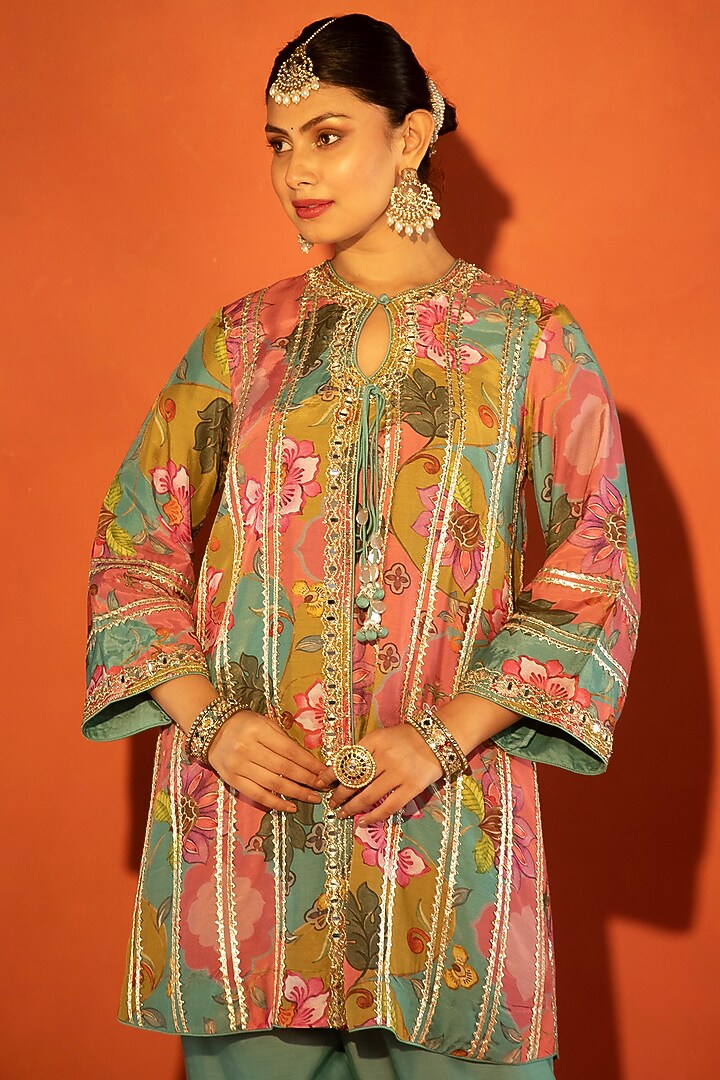 Multi-Colored Cotton Silk Floral Printed Angrakha Set by Tanu Malhotra at Pernia's Pop Up Shop