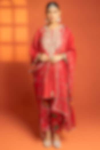 Red Cotton Silk Hand Embroidered Short Party Wear Anarkali Set by Tanu Malhotra at Pernia's Pop Up Shop