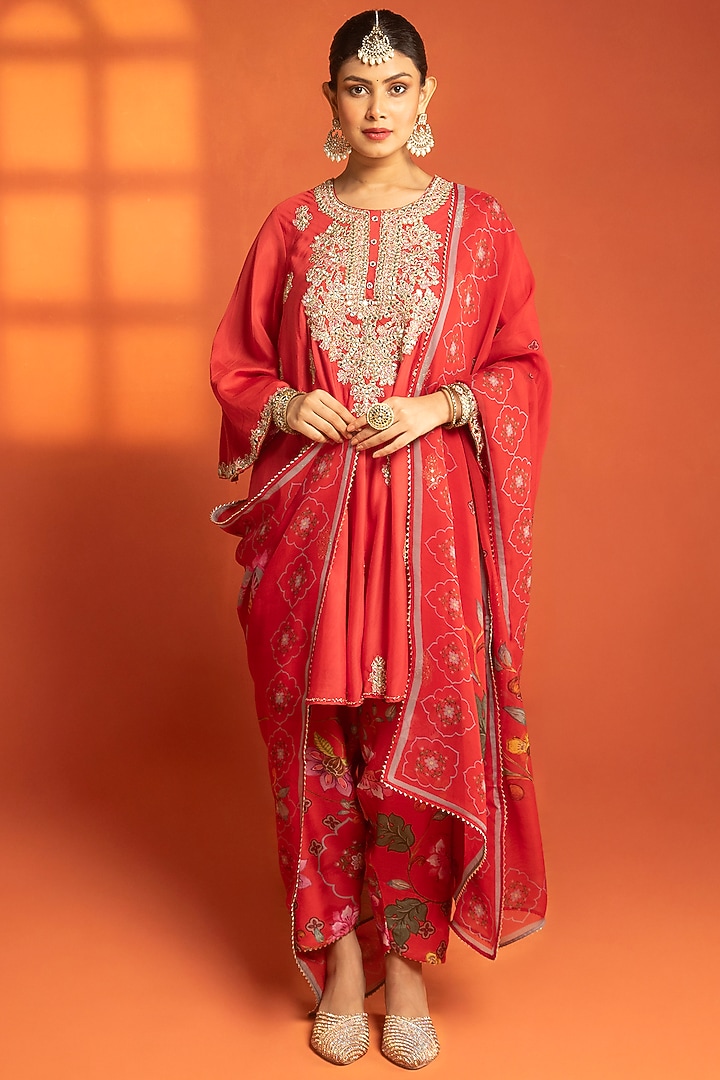 Red Cotton Silk Hand Embroidered Short Party Wear Anarkali Set by Tanu Malhotra at Pernia's Pop Up Shop