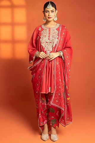 Red Cotton Silk Hand Embroidered Short Anarkali Set by Tanu Malhotra