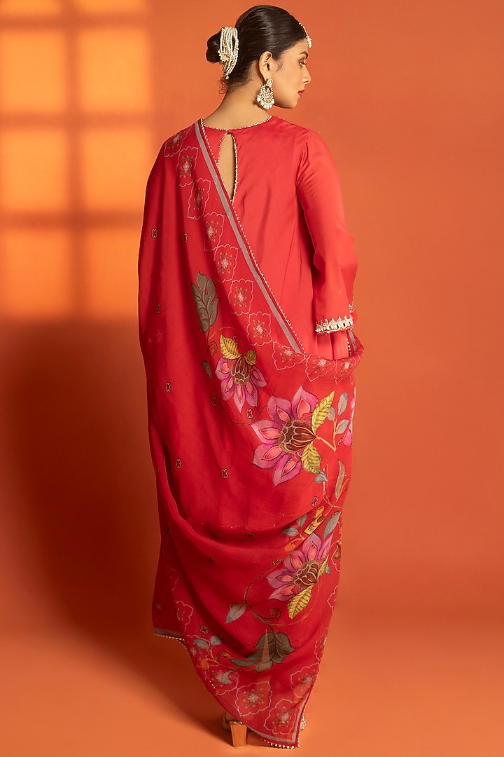 Red Cotton Silk Hand Embroidered Short Party Wear Anarkali Set by Tanu Malhotra at Pernia's Pop Up Shop