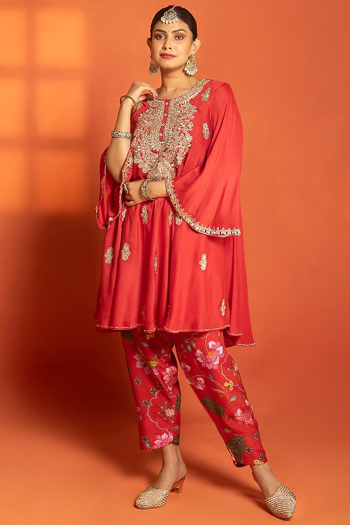 Red Cotton Silk Hand Embroidered Short Party Wear Anarkali Set by Tanu Malhotra at Pernia's Pop Up Shop